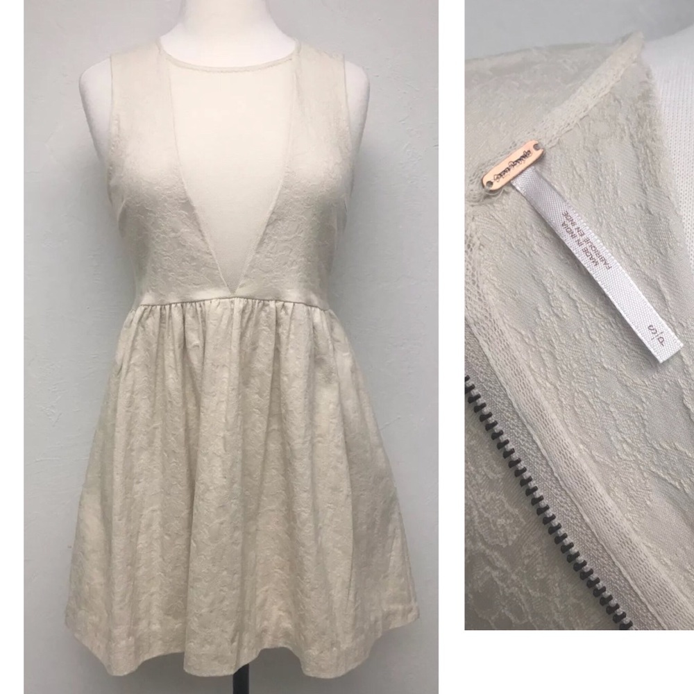 Free People Ivory Victorian Dress Size S 4 Deep V Brocade Mini Floral Sleeveless